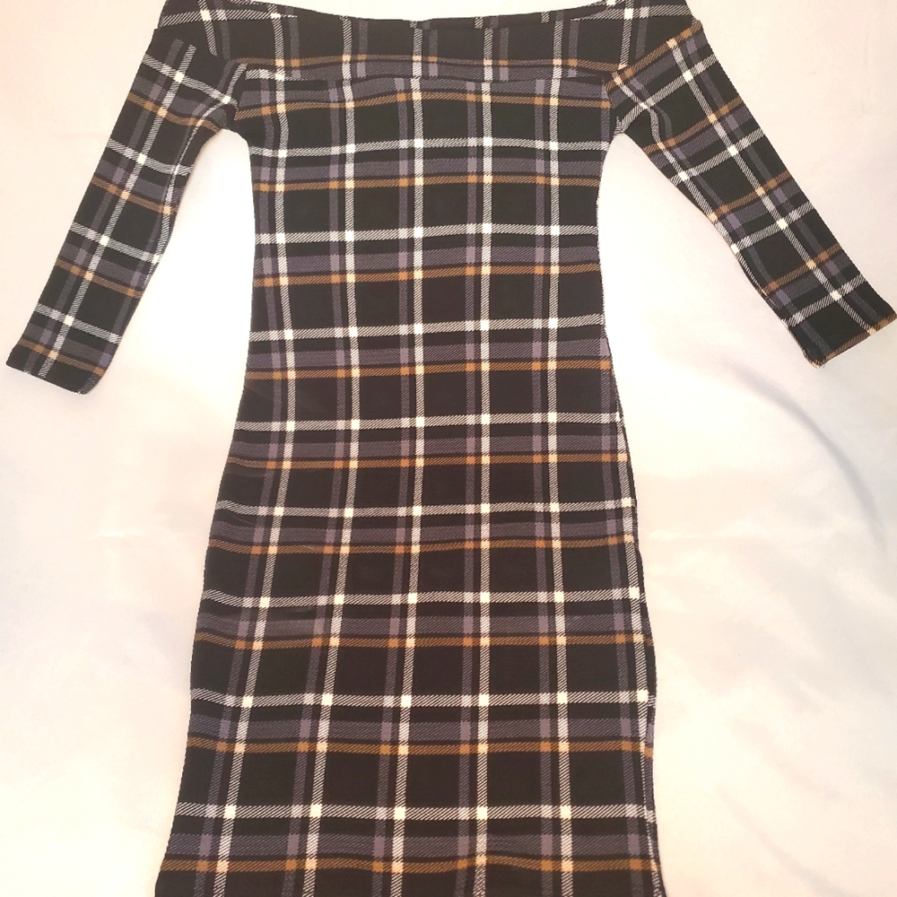 Tan & Black Plaid Off Shoulder fitted Mini Dress